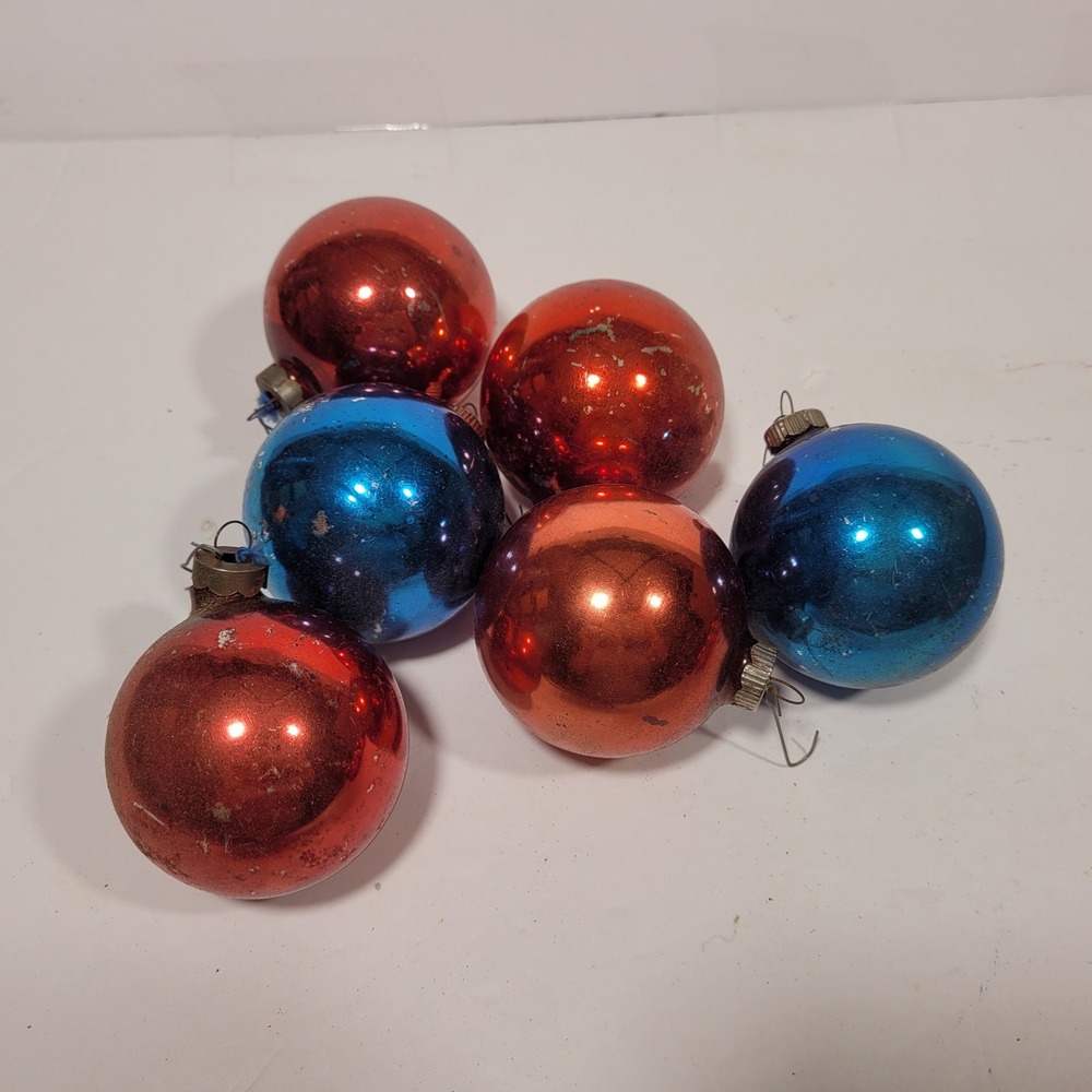 Vintage Christmas Ornaments‎ Lot 6 Round Glass Red Blue Shiny Brite Mercury *